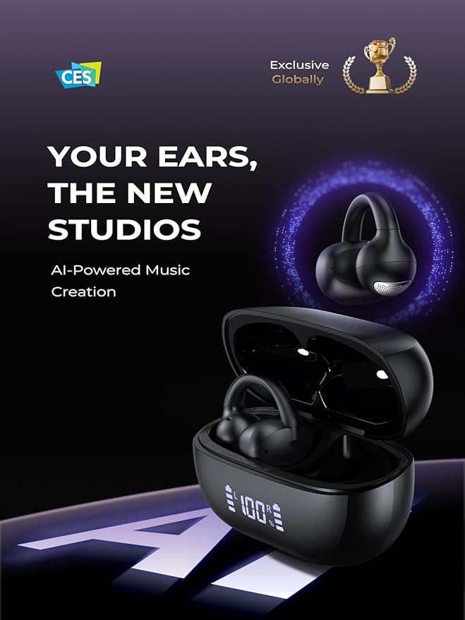 Open Ear Clip On Earbuds, Bluetooth 5.4 Bone Conduction Headphones AI Music Generator Earbuds with 4 Mics Clear Calls, 5.7g Ultra-Light Design, 30H Hi-Fi Stereo Playtime & IPX6 Fit Sports, Black