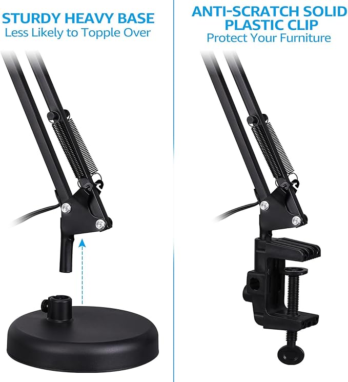 TORCHSTAR Metal Desk Lamp with Clamp, Swing Arm, Architect Adjustable Gooseneck Table Lamp, Clip Desk Lights for Home Office, Work, Study, Reading, E26 Base, Multi-Joint, Black