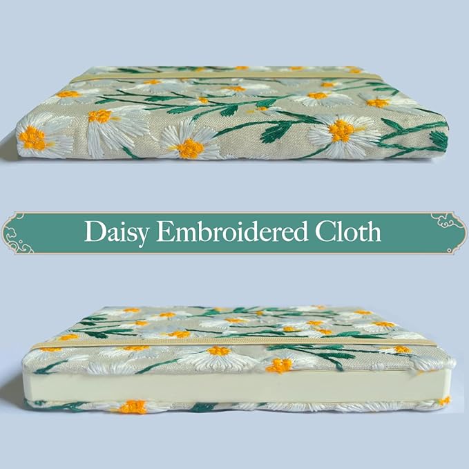 Daisy Gifts, Embroidered Journal, Floral Notebook, A5, 8"x6", Lined, Wide Ruled Paper, Hardcover, Lay Flat, Pretty Journal for Women, Personal Journal, White Daisy Flowers, with Elastic Band