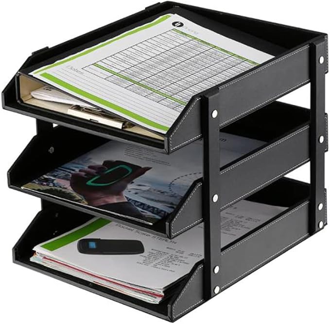 Leather Desk Organizer, NIFIVE Stackable Document Tray, Perfect Desktop Organization Holder for Files, Folder, Stationery, Magazine, Newspaper, Mail, Office Supplies (Black 3-Tier)