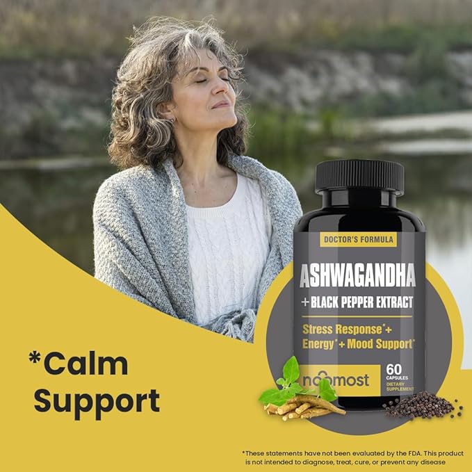 Organic Ashwagandha Capsules w/Black Pepper Extract as Vegan Ashwagandha Supplements for Anti Stress Relief, Natural Mood Support, Energy & Focus-60 Capsules