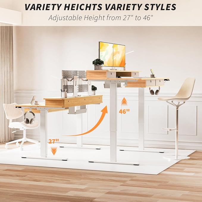 Standing Desk with Fast Charging USB Ports, 63" x 30" Height Adjustable Home Office & Gaming Desk, Sit Stand Desk with Built-in Storage Shelf, Hook & Ergonomic Design(Maple)