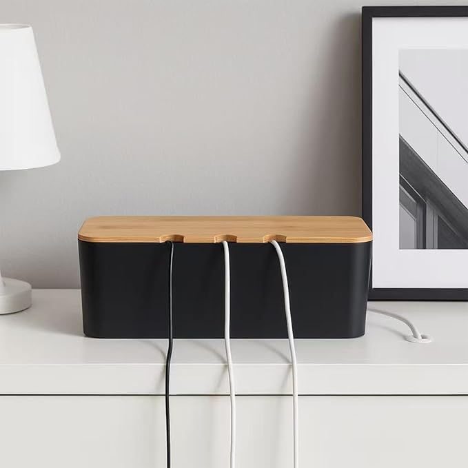 Cable Management Box, Cord Cable Organizer Box with Bamboo Lid, Under Desk Cable Management with 10 Cable Ties and 2 Cable Clip Holders for TV Router Computer USB Hub Black