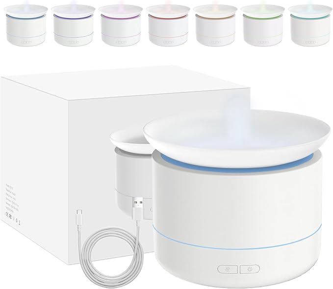 Essential Oil Diffusers, 200ml Aromatherapy Diffuser with, Cool Mist Humidifier with 2 Dynamic Modes, Small Diffuser with 7 Color Lights for Home Office Room -White