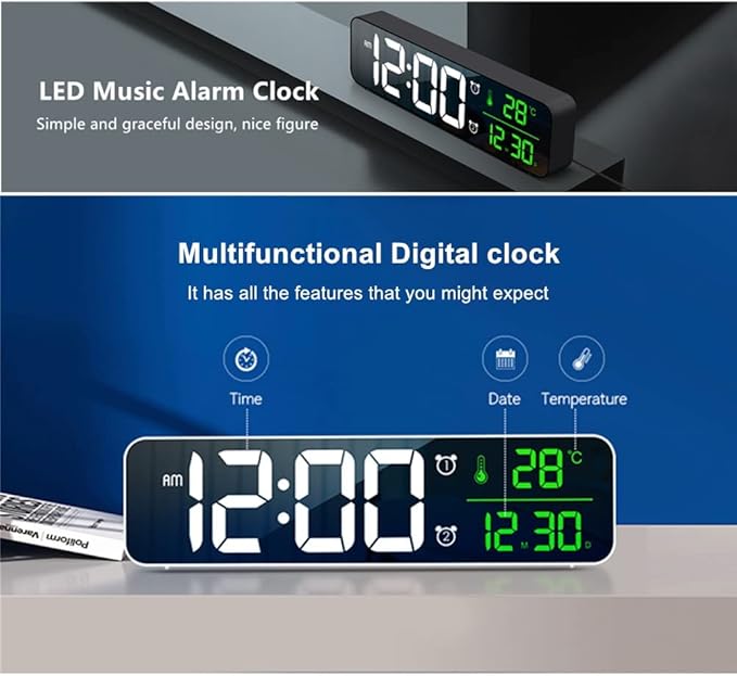 Digital Clock Large Display, Alarm Clock for Living Room Office Bedroom Decor, LED Corded Electric, Date Temp Display Wall Clock, Automatic Brightness Dimmer Smart Cool Modern Desk Accessories Black