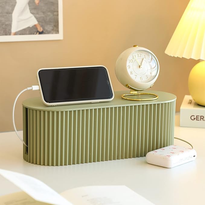 FABROK Cable Management Box with 10 Cable Ties, Cable Organizer Box for Power Strips, Surge Protectors, Chargers, Adapters, TV Computer Wires Cable Hider Organizer Box for Home/Office (Large/Green)