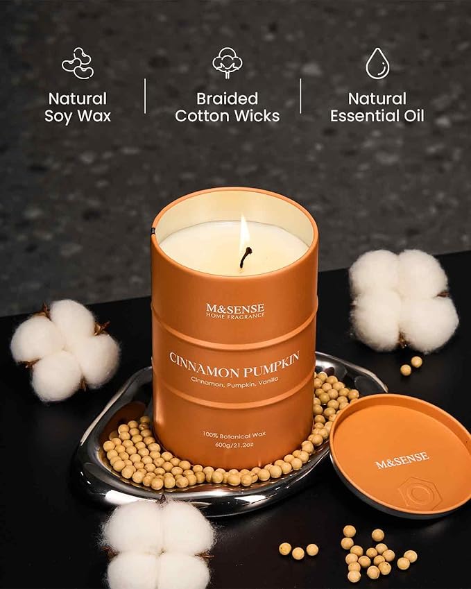 M&SENSE Cinnamon Pumpkin Scented Candles Large, Natural Soy Candles 21.2oz 120 Hour Slow Burning,Aromatherapy Candle for Stress Relief Meditation Relaxing