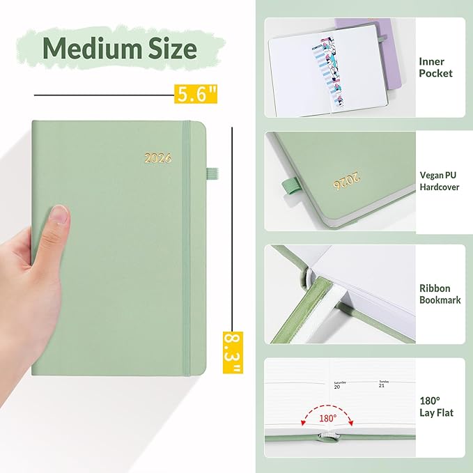 SUNEE 2026 Weekly & Monthly Hardcover Planner 5.5" x 8.3" - 12 Month (January 2026 - December 2026), Small Hardcover Planner, Pocket, Notes, 100 GSM Paper, Sage Green