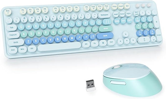GTSP Cute Blue Keyboard and Mouse Wireless, Colorful Retro Typewriter Full-Size Aesthetic Office Keyboard 2.4GHz with Round Keycaps for Desktop Laptop and PC (Cute Blue)