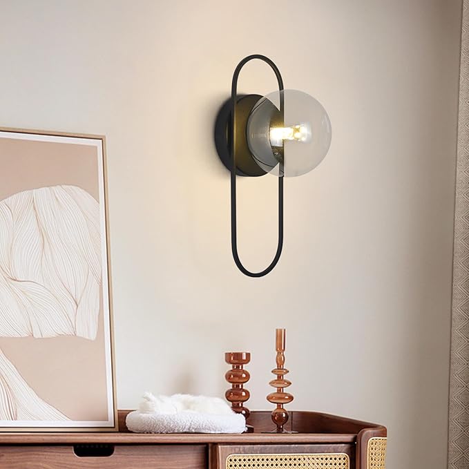 Mid Century Modern Black Wall Sconce Bubble Glass Globe Wall Sconces Lighting Small Vintage Bathroom Vanity Light Fixtures for Bedroom Hallway