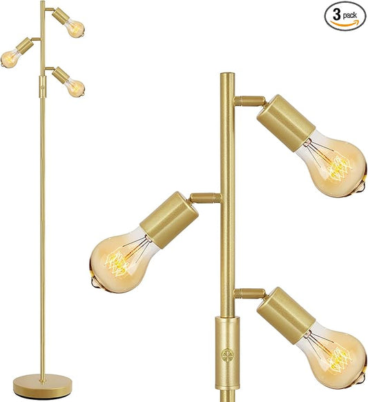 BoostArea Tree Floor Lamp, Brass Gold Industrial Floor Lamp, Modern Standing Lamp with Adjustable 3 Light, E26 Socket, Rotary Switch, Boho Stand Up Lamp Pole Lamps for Living Room, Bedroom (No Bulbs)
