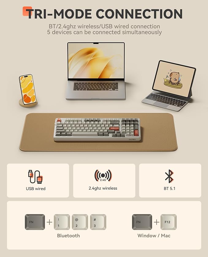 DAREU EK98pro Wireless Mechanical Keyboard,Tri-Mode BT/2.4GHz/USB-C Creamy Gaming Keyboard with Number Pad,Pre-lubed Linear Switches,Gasket Structure,Hot Swappable Custom,RGB Backlit for Win/Mac