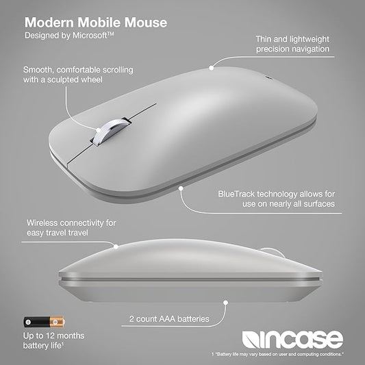 Incase Modern Mobile Mouse – Designed by Microsoft – Lightweight, Precision Navigation, Right/Left Hand Use, Scroll Wheel, BlueTrack Technology, Wireless Bluetooth for Mac/Windows/8/10/11 (Platinum)