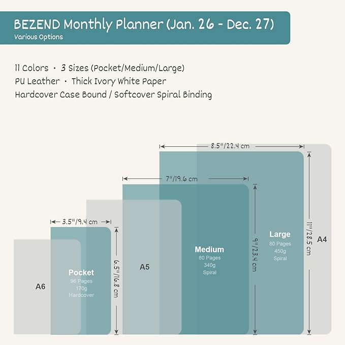 BEZEND Monthly Planner 2026-2027 (Spiral-7" x 9") 2 Year Calendar Book with Note Pages - Jan 26 to Dec 27-120 GSM Paper, Inner Pockets, Laminated Tabs, Vegan Leather Softcover - Kiwi
