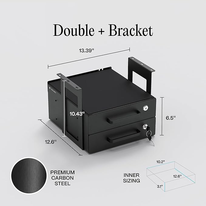 Under Desk Drawer Slide-Out – Lockable Metal Storage Drawers with Cable Management for Office & Home (Double, Bracketed)