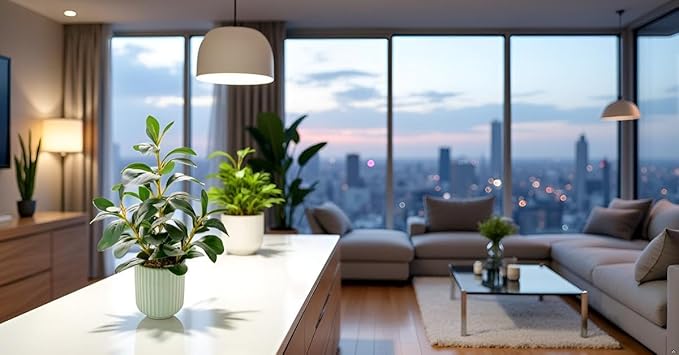 14.6'' Fake Plant Ficus Leaves Artificial Plant in Light Green Ceramic Stripe Planter Faux Real Looking and Touching Evergreen for Home Living Room Indoor & Outdoor