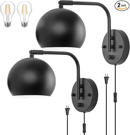 Dimmable Wall Sconces Set of 2, Plug in Wall Sconces Swing Arm Wall Lights with Plug in Cord and Dimmer On/Off Knob Switch, Black Globe Wall Light for Bedside Bedroom Bathroom(2 Bulbs Included)