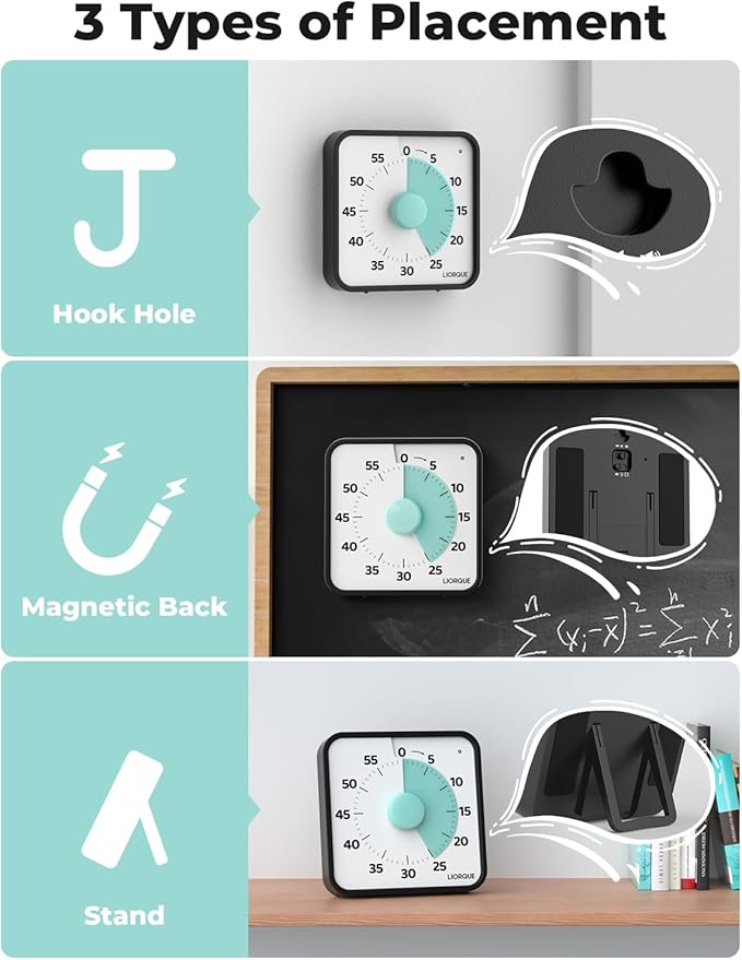 LIORQUE 60 Minute Visual Timer for Kids and Adults, Non-Ticking 7.5 Inch Large Visual Countdown Timers for Classroom Desk Countdown Clock with Magnetic Backing, Kids Pomodoro Timer Clock