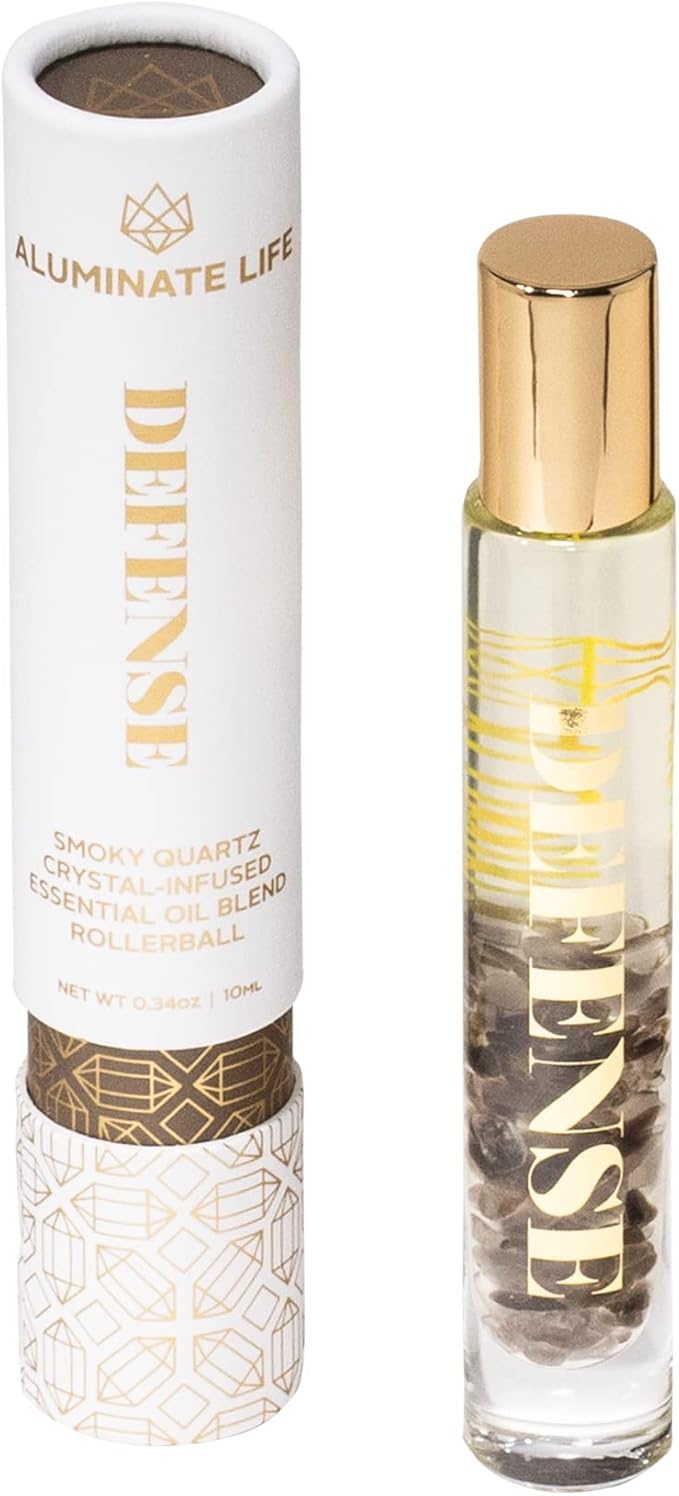 Essential Oil Rollerballs, .34 OZ, Defense - Smoky Quartz Crystal Infused - Scents of Frankincense, Neroli, & Sage - Aromatherapy Roll On Oils, Skin Care, Massage