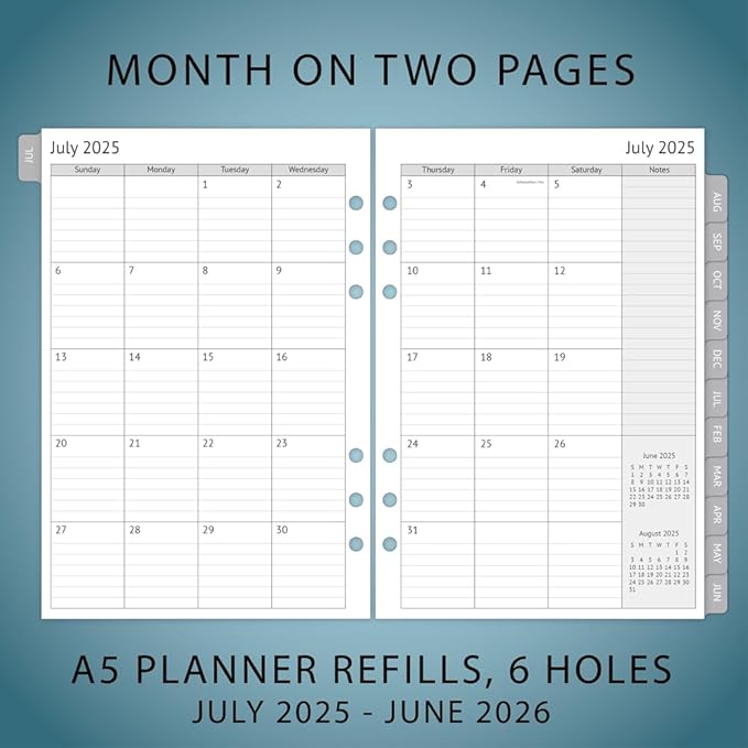 newestor 2025-2026 A5 Planner Inserts, Filofax A5 Compatible, Jul 2025 - Jun 2026, Weekly and Monthly Appointment Book Pages, Tabbed, 6 Holes