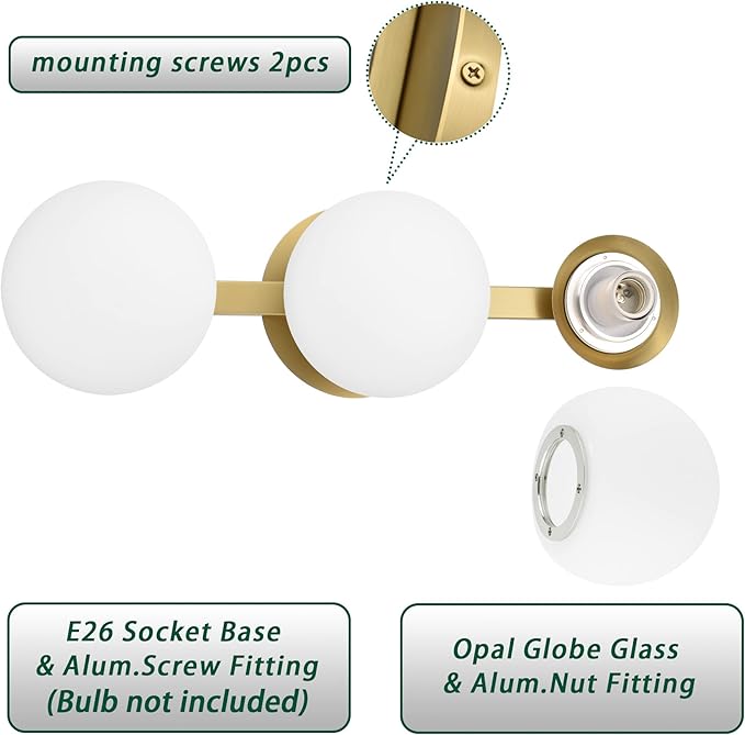 Bathroom Vanity Light Fixtures, Modern 3 Lights Globe Wall Sconce Lighting Aged Brass, Porch Wall Mount Light Fixture for Bathroom, Mirror Cabinets Hallway Stairs