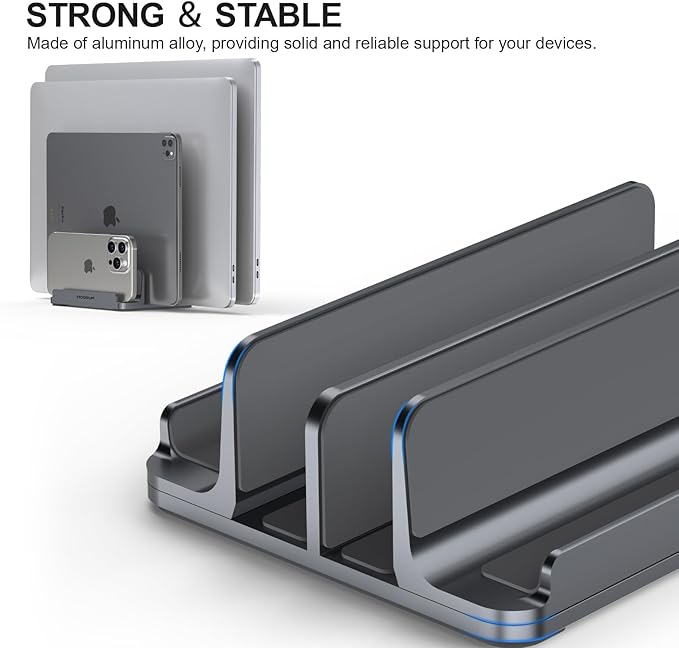 4-Slot Aluminum Vertical Laptop Stand for Desk - Adjustable Width Dock for MacBook, Surface, Samsung, HP, Dell up to 17.3 inches - Space-Saving & Protective Design - Gray