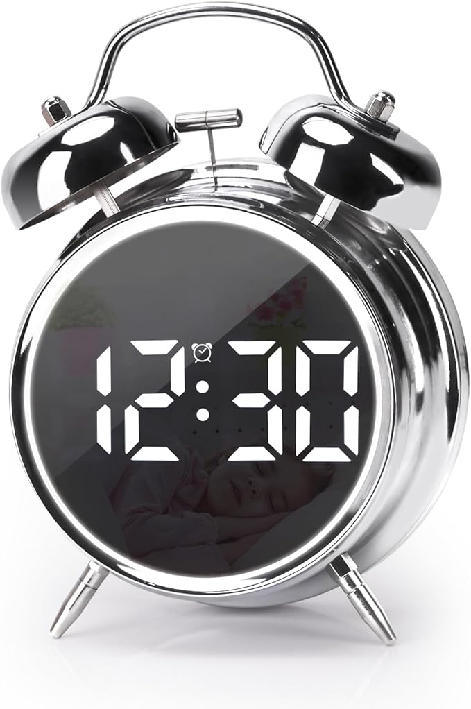 Digital Small Alarm Clock, 4.5 Inch Double Bell Electronic LED Alarm Clock, Plug in or Battery Operated Silent Metal Table Clock, Bedside Loud Bell Clock for Heavy Sleepers Adults Kids (Silvery)