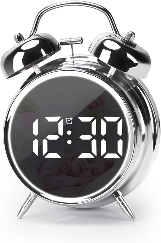 Digital Small Alarm Clock, 4.5 Inch Double Bell Electronic LED Alarm Clock, Plug in or Battery Operated Silent Metal Table Clock, Bedside Loud Bell Clock for Heavy Sleepers Adults Kids (Silvery)