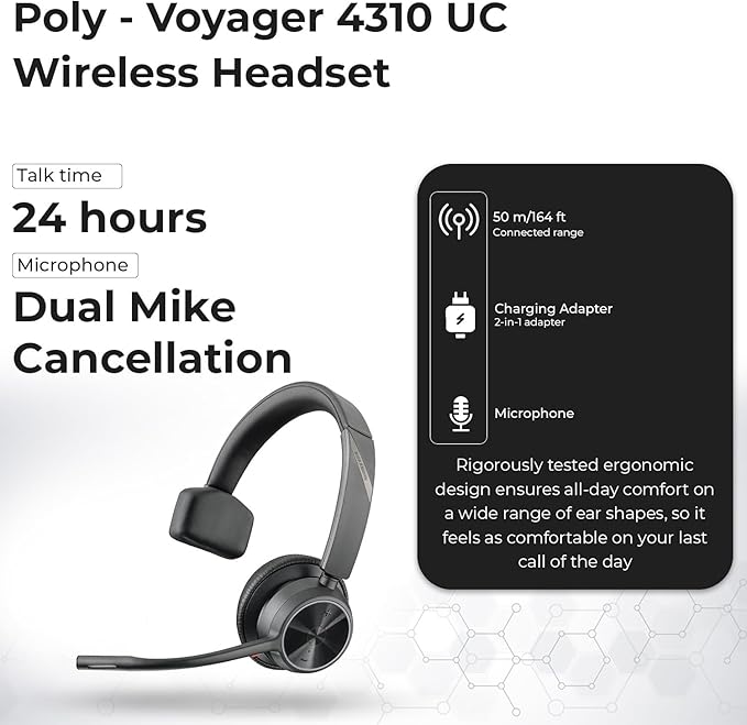 Poly Voyager 4310 UC Wireless Headset + Charge Stand - Connect to PC/Mac & Cell Phone, Single-Ear Headset with Mic + Charging Station + USB A to C Adapter + USB C-C Cable + Pouch + Microfiber Cloth