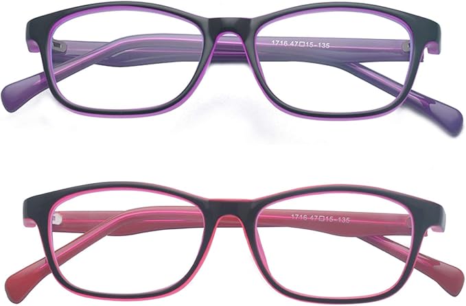 Outray 2 Pack Kids Anti Blue Light Glasses Classic Rectangle Eyewear Anti Harmful Blue Light/UV400 | Anti Glare (Purple+Red, 47)