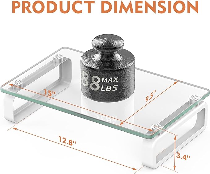 Hemudu Clear Computer Monitor Stand Riser Multi Media Desktop Stand for Flat Screen LCD LED TV, Laptop/Notebook, with Tempered Glass and Metal Legs, HD02T-001