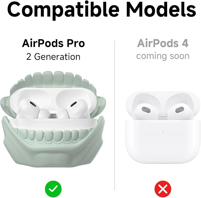 for AirPods Pro 2nd Generation Case, Unique Funny Teeth Design, Soft Silicone Shell, Compatible with Wireless Charging (Cloud Green)