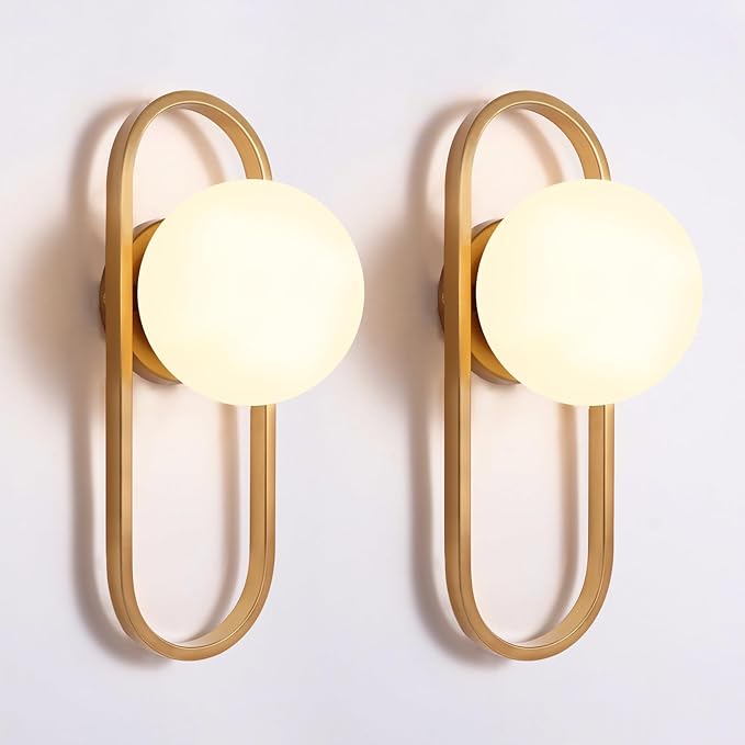 Gold Wall Lamp Sconces Set of 2 with White Globe Glass Shade - Living Room & Bedroom Wall Lights
