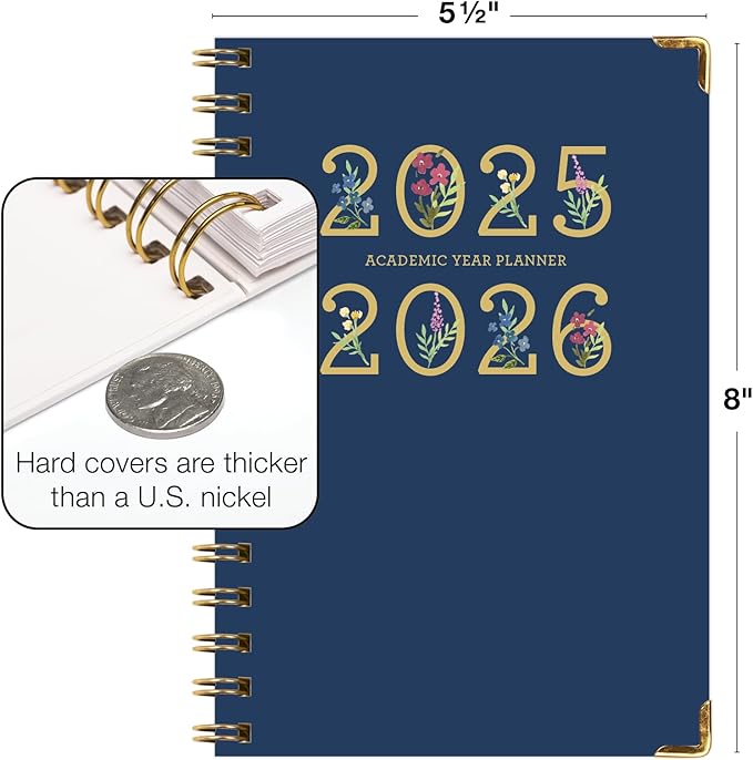 HARDCOVER Academic Year 2025-2026 Planner: (June 2025 Through July 2026) 5.5"x8" Daily Weekly Monthly Planner Yearly Agenda. Bookmark, Pocket Folder and Sticky Note Set (Navy Gold Numbers)