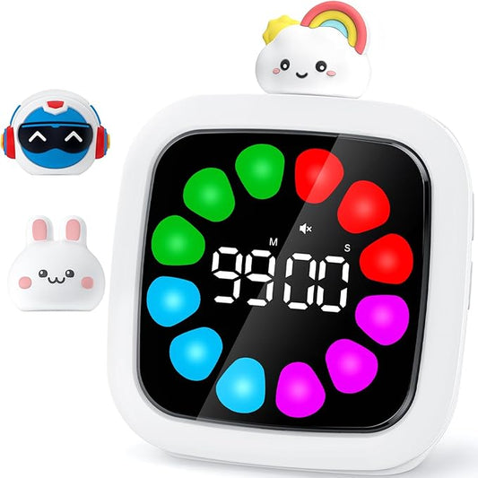 Yunbaoit Digital Visual Timer for Kids, Rechargeable 99-Minute Silent Countdown Timer with 19 Ringtones, 9 Optional DIY Color Petal Display, Time Management Tool with Pause Function (3 Dolls)