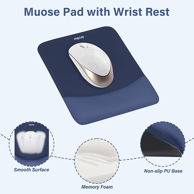 MOSISO Wrist Rest Support for Mouse Pad&Keyboard Set, Rectangular Ergonomic Mousepad Non-Slip Base Home/Office Pain Relief&Easy Typing Pad with Neoprene Cloth&Raised Curved Memory Foam, Navy Blue
