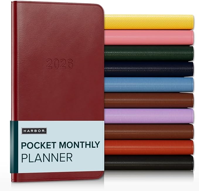 Harbor Pocket Monthly Planner 2025-2026, Calendar Planner and Notebook, Durable Faux Leather, 18 Months, 96 Pages, Softcover & Lightweight - Cambridge Red - 6 x 3.25 "