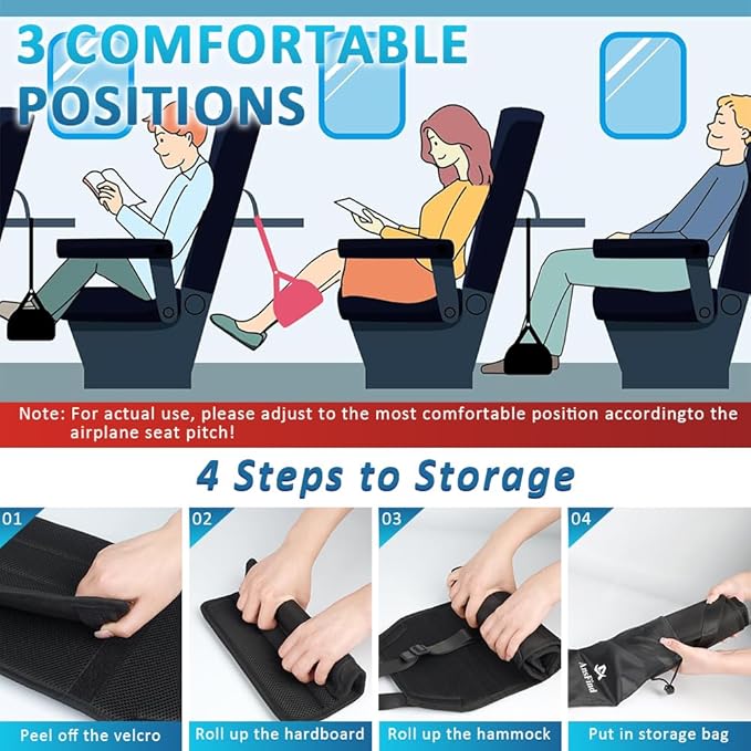 Foot Hammock for Plane Travel, Upgraded Wide Airplane Foot Hammock with Detachable Hardboard, Portable Footrest for Air Travel Essentials Long Flight, Adjustable Foot Rest Leg Hammock for Flying