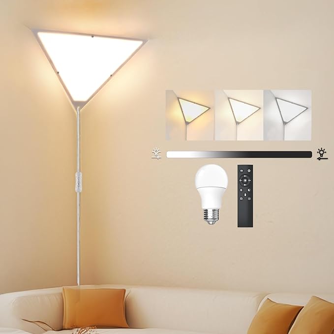Dimmable LED Corner Light with Remote, 3000K/4000K/6000K Plug in Ceiling Light, Corner Lights for Living Room, Bedroom, Kids Room, 1 Hour Timer, Triangle Lamp for Dark Area(9W Bulb Include)