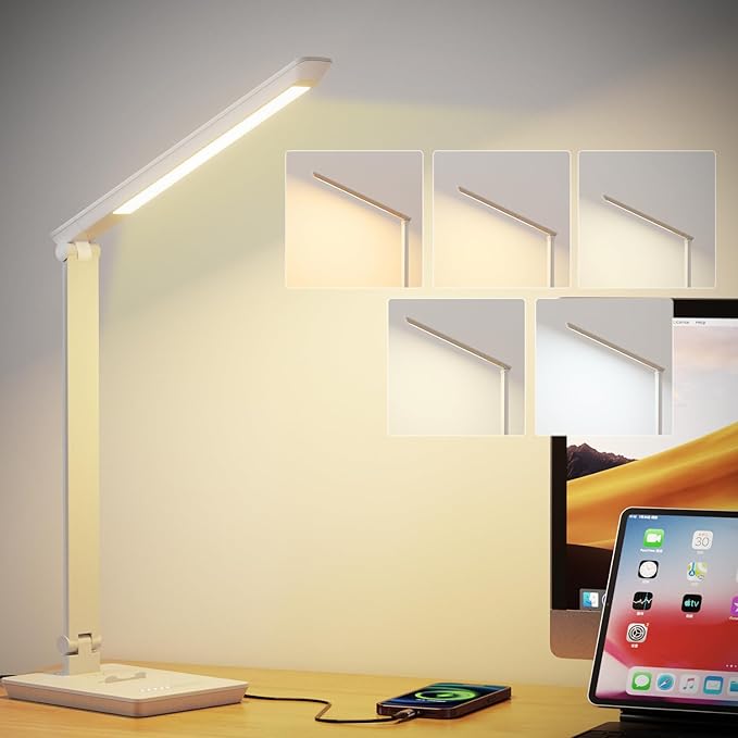 LED Desk Lamp with USB Charging Port, 14W 900LM Dimmable Eye-Caring Reading Desk Light for Stepless Dimming & 5 Lighting Modes, 9 Brightness Touch Control Desk Light for Reading, Office, Crafting