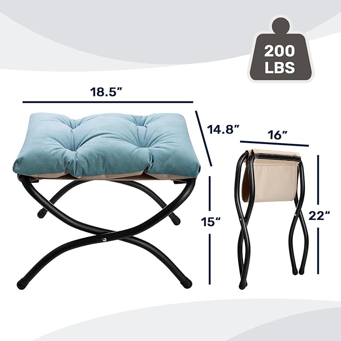 HollyHOME 15"(H) Folding Footrest Stool, Upholstered Small Foldable Ottoman, Accent Padded Sofa Foot Stool for Lazy Chair, Metal Frame Portable Foot Rest Ottoman for Home, Living Room, Bedroom, Blue