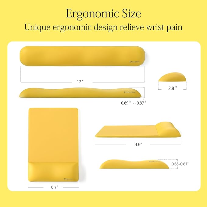 UnivoColors Design-Wave Set of Keyboad Wrist Rest & Mouce Pad,Artificial Sheepskin+Memory Foam+Ergonomic+Anti-Slip Gel, Resilience Support During Work and Gaming,Keyboard Accessory,Yellow