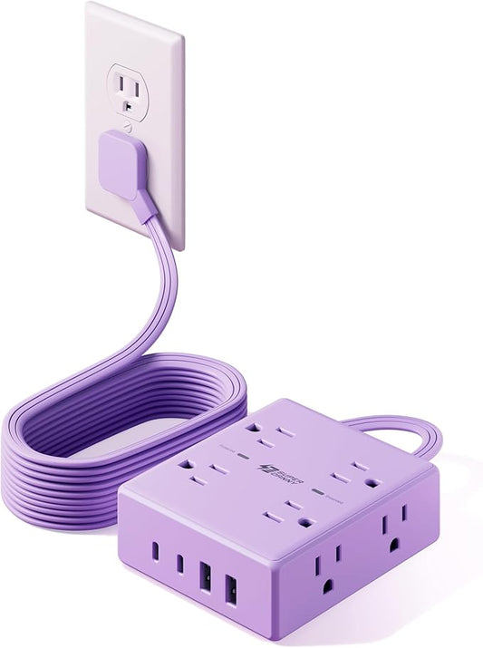 Purple Extension Cord 10Ft, Flat Plug Surge Protector Power Strip Kawaii, 8 Outlets & 4 USB Ports (2 USB C), Cute Stuff Purple Room Decor, Lavender Office Desk Accessories for Girls
