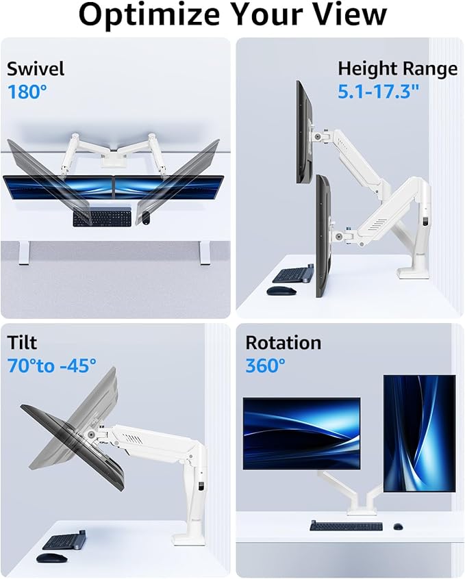 Dual Monitor Stand fits up to 32 inch, 4.4-22 lbs Computer Screens, Dual Monitor Desk Mount Height Adjustable, Monitor Arms for 2 Monitors, Home Office VESA Mounts with Gas Spring, Freelift White