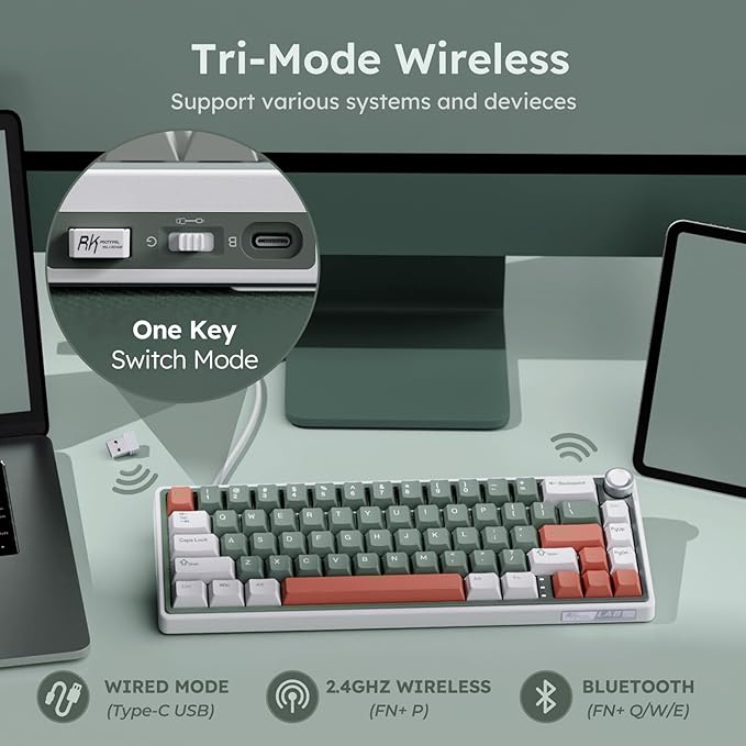 RK ROYAL KLUDGE R65 Wireless Mechanical Keyboard with Volume Knob, Tri-Mode 2.4G/USB-C/BT Gasket Mounted 60% Gaming Keyboard with 66Keys, PBT Keycaps, QMK/VIA, Hot Swappable Cream Switch, Clay Green