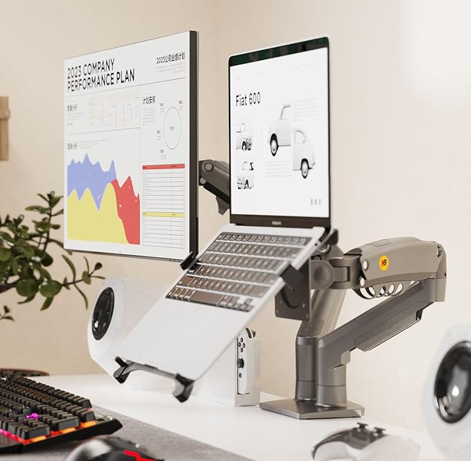 NB North Bayou Laptop Mount with Adjustable Tray for 10-17”Notebook, Full Motion Arm with VESA Plate for 17-30”Monitor,Clamp-on Grommet Mounting F160-FP (Black)