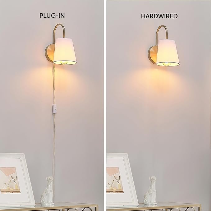 GLOBE Electric x Novogratz 65000053 1-Light Hardwire or Plug-in Wall Sconce, Matte Brass, White Textured Shade, Arched Arm, Lighting, Home Decor, Lights for Bedroom Plug in