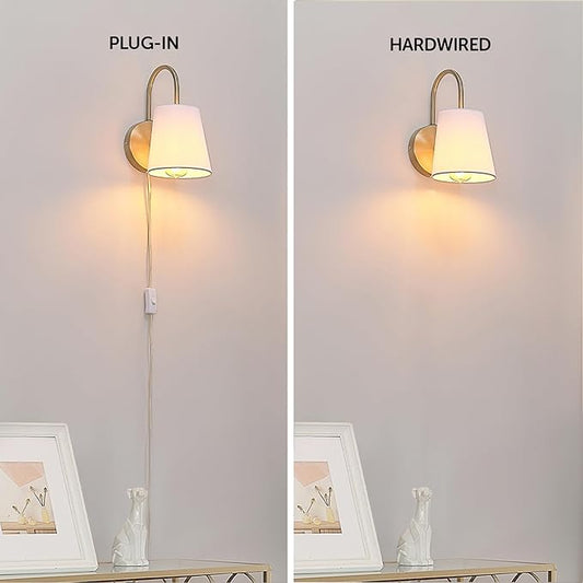 GLOBE Electric x Novogratz 65000053 1-Light Hardwire or Plug-in Wall Sconce, Matte Brass, White Textured Shade, Arched Arm, Lighting, Home Decor, Lights for Bedroom Plug in