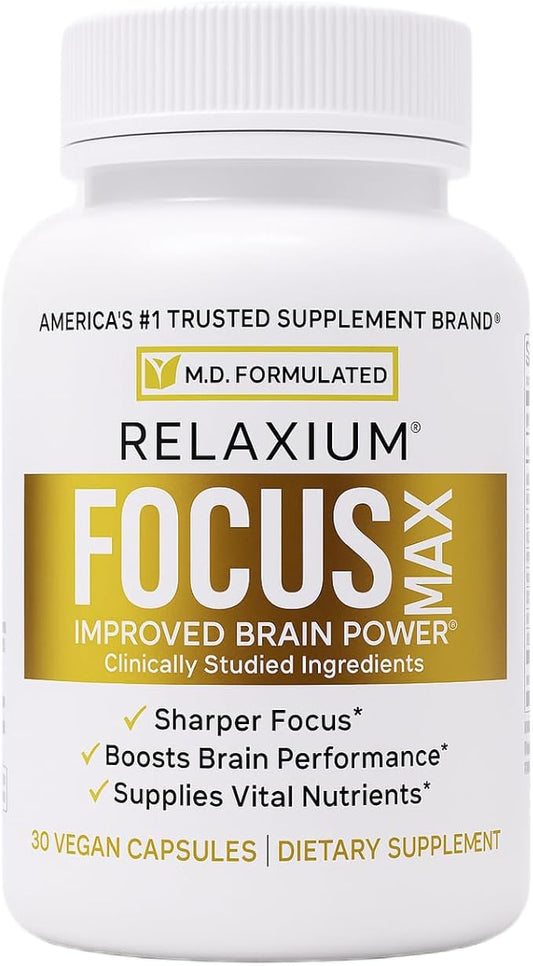 Relaxium FocusMax, Brain & Focus Health Supplement, Mental Clarity Support, Proven Concentration, Focus, Memory, & Nootropics Booster, USA-Manufactured, 30 Vegan Capsules