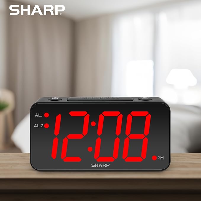 Sharp Digital Alarm Clock with Jumbo Numbers, Easy to See Large Numbers from Across Room with Simple Operation, Battery Back-up, Black Case with Red LED Display